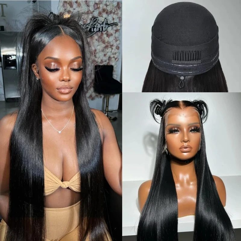 Miss Flower 13x6 Glueless Pull Go Wigs With Drawstring 250 Density Hidden Strap Snug Fit Ultra-thin Invisible Lace Wig Pre Plucked Pre Cut Lace 26Inch Straight Frontal Wigs Human Hair For Women
