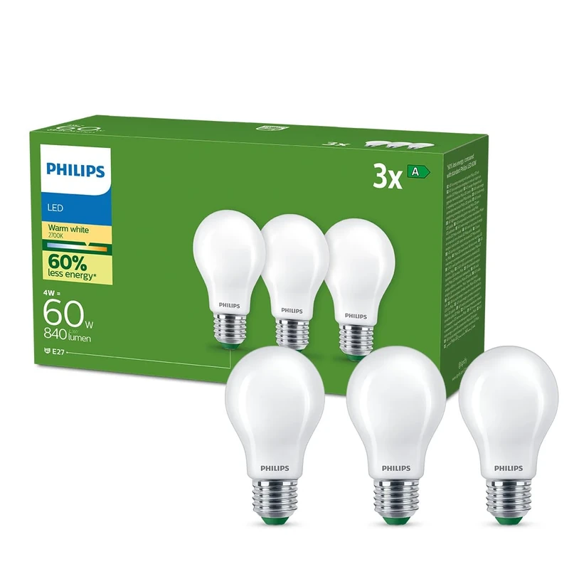 Philips Frosted LED Bulb 3 Pack - 4W (60W) Warm White E27 A-Label