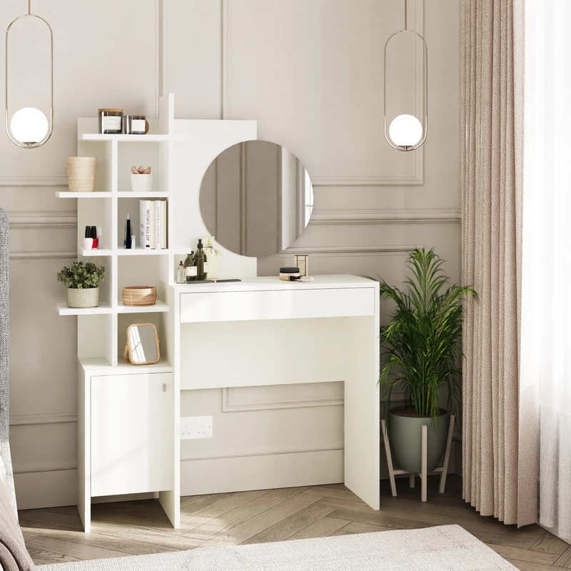 GFW Freyja Dressing Table Set White. Make Up & Hair Vanity Table With Drawers, Large Round Mirror & Storage Cabinet & Shelves. Modern Makeup Desk For Bedroom, H - 152cm x W - 113cm x D - 35cm. White