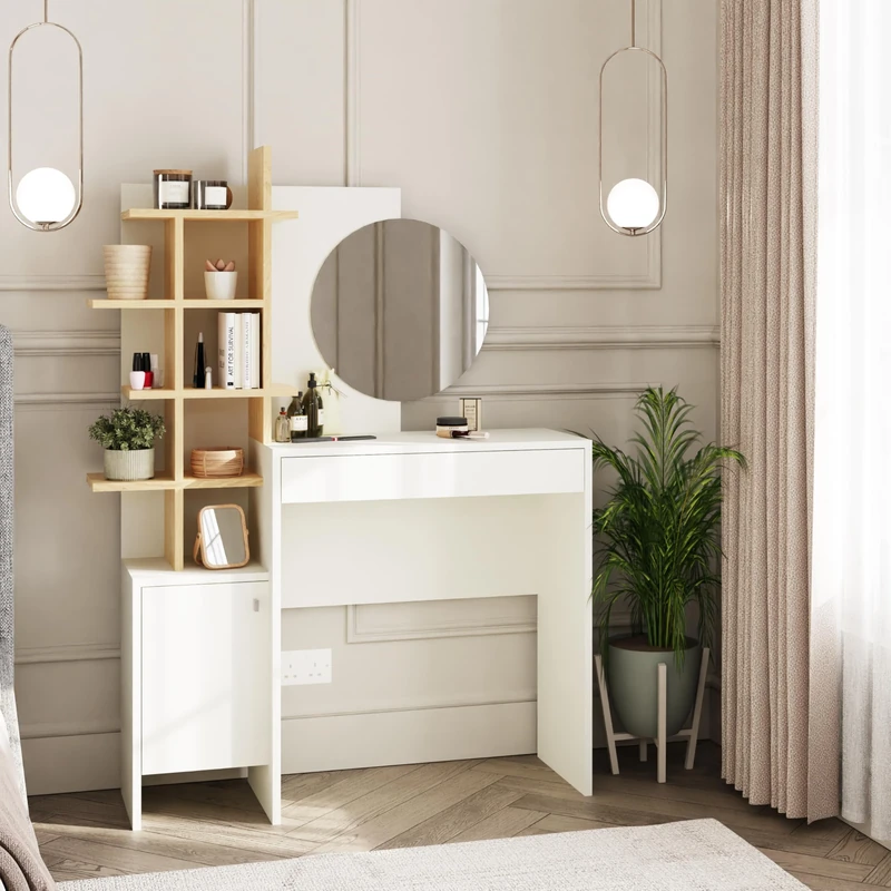 GFW Freyja Dressing Table Set White. Make Up & Hair Vanity Table With Drawers, Large Round Mirror & Storage Cabinet & Shelves. Modern Makeup Desk For Bedroom, H52 x W113 x D35cm. White/Oak