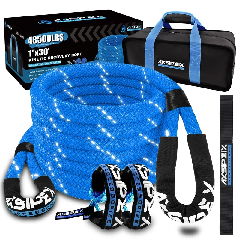 AXSIPEIX 1"×30ft Kinetic Recovery Rope (48,500lbs) Heavy Duty Offroad Recovery Rope with 2 Soft Shackles 1/2" x 22" Offroad Recovery Kit for UTV, ATV, Truck, Car (Blue)