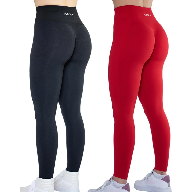 AUROLA Workout Leggings for Women Seamless Scrunch Tights Tummy Control Gym Fitness Girl Sport Active Yoga Pants, Set (Black+Fiery Red), M