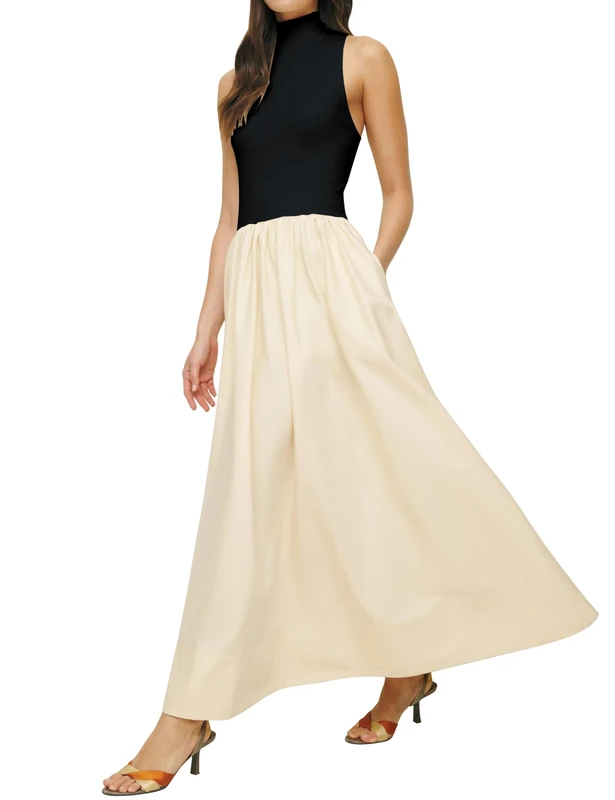 Lauweion Women's Sleeveless Turtleneck Maxi Dress Patchwork Casual Solid Flowy Mock Neck Long Dress with Pockets, Black-Apricot, S - Image 1
