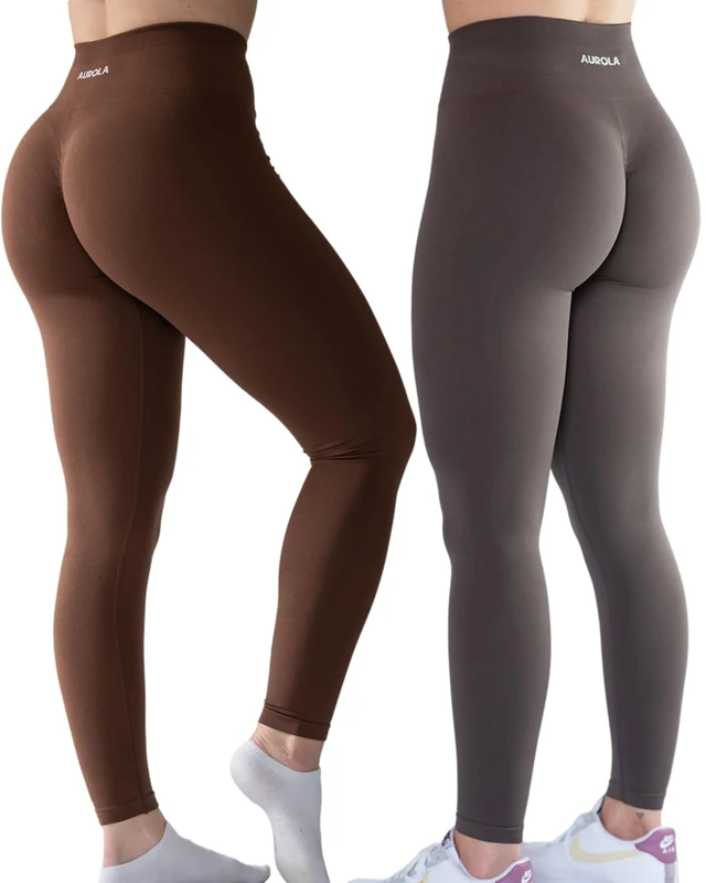AUROLA Workout Leggings for Women Seamless Scrunch Tights Tummy Control Gym Fitness Girl Sport Active Yoga Pants, Set (Chestnut Brown+Dandelion Brown), M