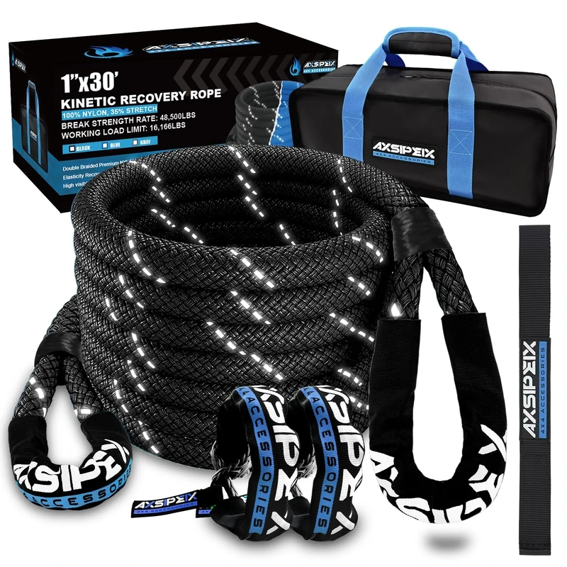 AXSIPEIX 1"×30ft Kinetic Recovery Rope (48,500lbs) Heavy Duty Offroad Recovery Rope with 2 Soft Shackles 1/2" x 22" Offroad Recovery Kit for UTV, ATV, Truck, Car (Black)