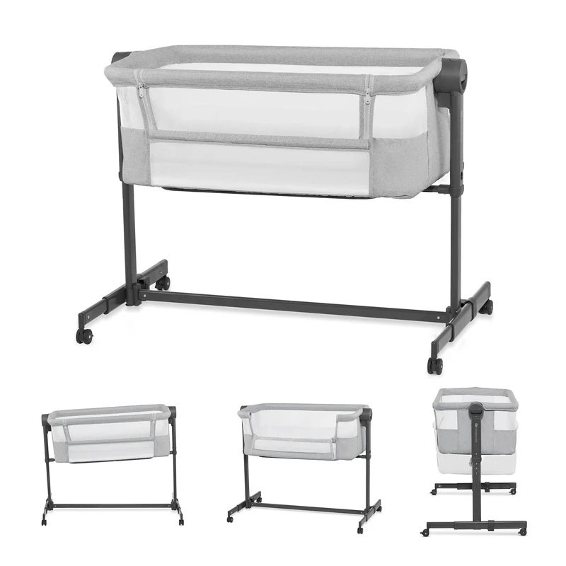 Kinderkraft Neste UP 2 Bedside Crib, Travel Cot, Co-Sleeping Bed, Ajustable Height, Foldable Side Wall, Transport Wheels, with Accessories, Cotton Sheet, for Newborn, 0-9 kg, up to 6 Month, Gray