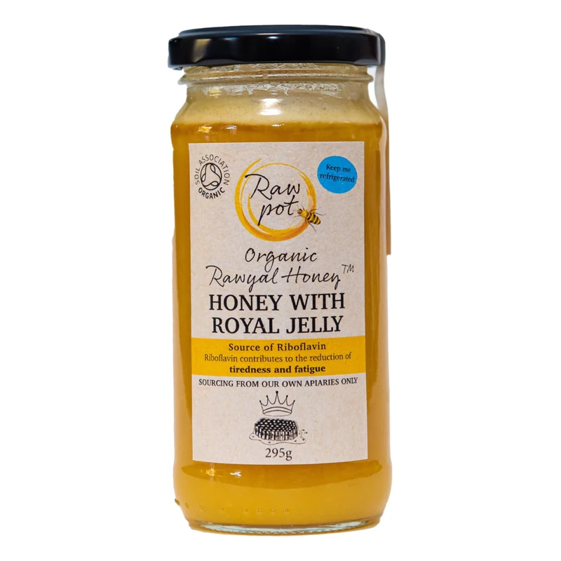 RAW POT - ORGANIC RAWYAL HONEY – ORGANIC RAW HONEY WITH ROYAL JELLY - Natural Pure Unpasteurised Honey for Immunity, Brain, Digestion, Energy Support, Skin Care | For Kids & Adults (295g)