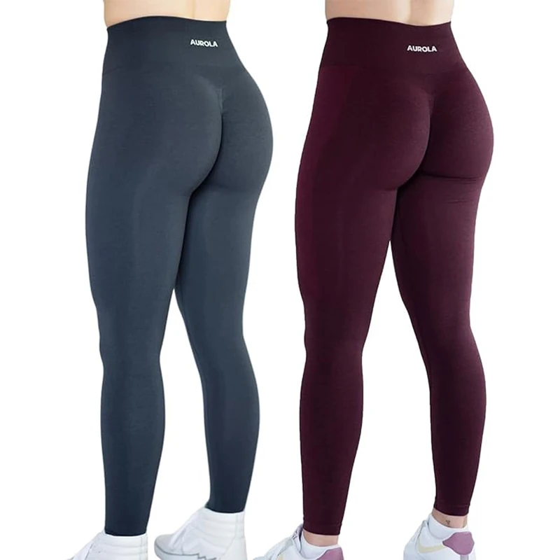 AUROLA Workout Leggings for Women Seamless Scrunch Tights Tummy Control Gym Fitness Girl Sport Active Yoga Pants, Gym Clothes Set (Black Marl+Black Cherry), Large