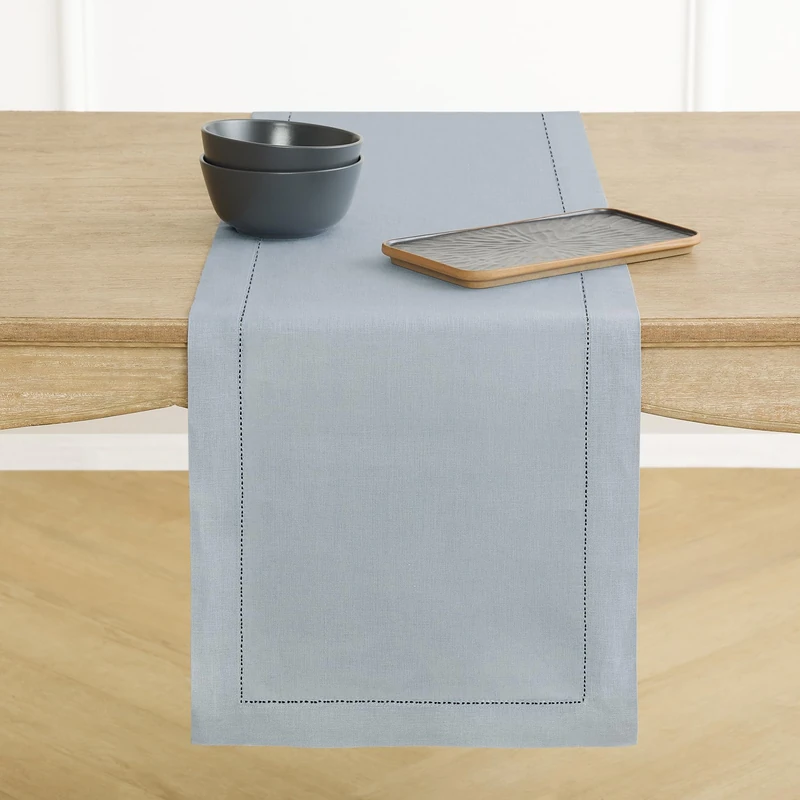 Solino Home Linen Dusty Blue Table Runner 108 Inches Long - 100% Pure Linen Hemstitch 14 x 108 Inch Table Runner for Dining, Spring, Summer - Classic Hemstitch