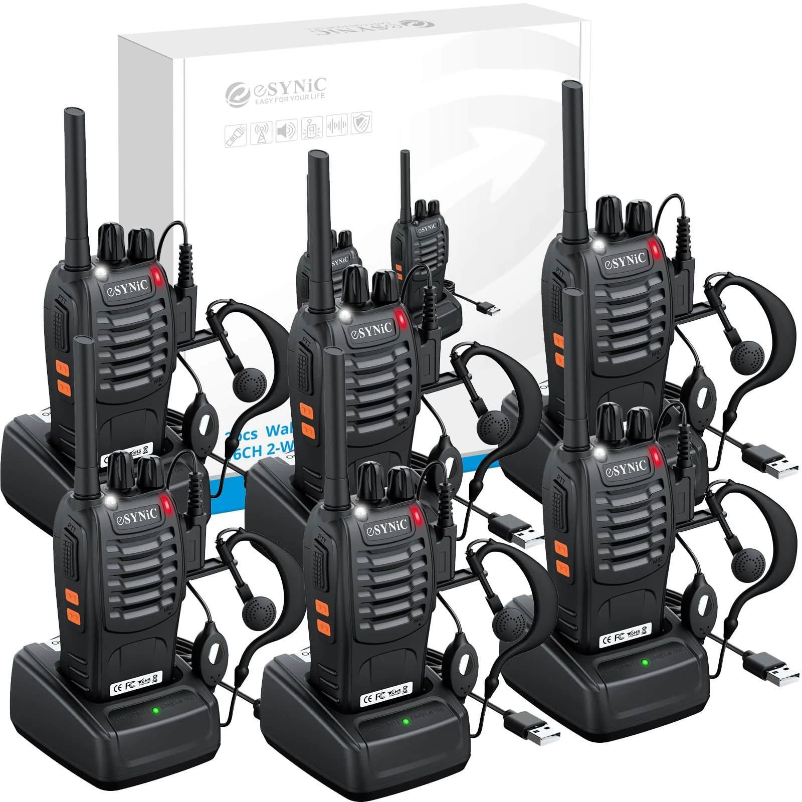 eSynic 6Pack Professional Walkie Talkies for Adults Rechargeable Walkie Talkies Best 16CH Walkie Talkie Long Rang VOX Radio Walky Talky With Earpieces Wonderful Gifts For Adults Kids etc