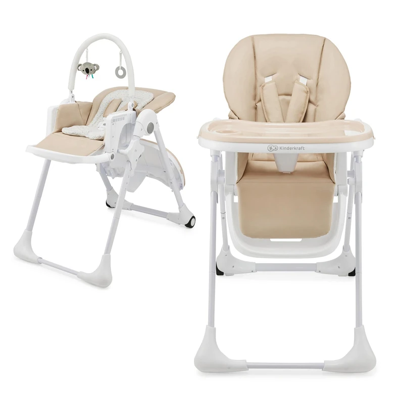 Kinderkraft Tummie 2-in-1 High Chair & Bouncer, from Birth, Fold-Flat, 7 Height, 4 Recline, Newborn Insert, 3-Position Tray, 5-Point Harness, Lockable Wheels, Toy Bar, Beige