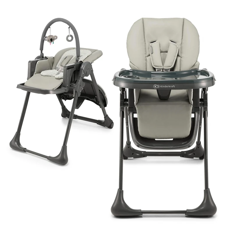 Kinderkraft Tummie 2-in-1 High Chair & Bouncer, from Birth, Fold-Flat, 7 Height, 4 Recline, Newborn Insert, 3-Position Tray, 5-Point Harness, Lockable Wheels, Toy Bar, Grey
