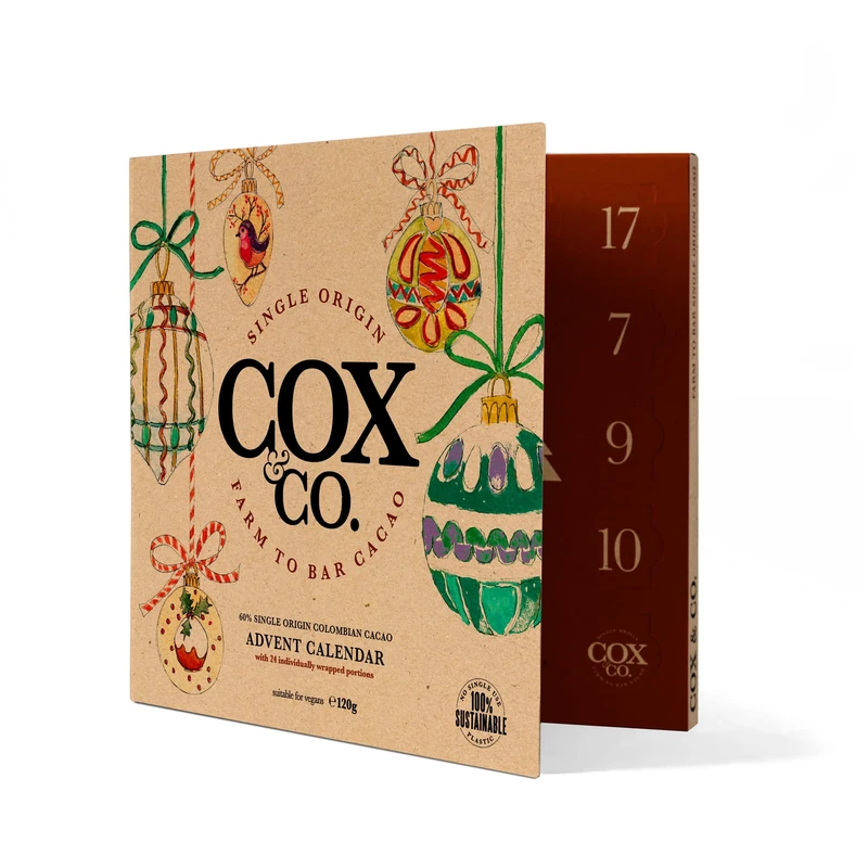 Cox&Co. Christmas Luxury Dark Chocolate Vegan Advent Calendar 2025 | 24 x 5g 60% Colombian Single Origin Cacao | Small Batch | Exclusive Artwork | 100% Plastic Free