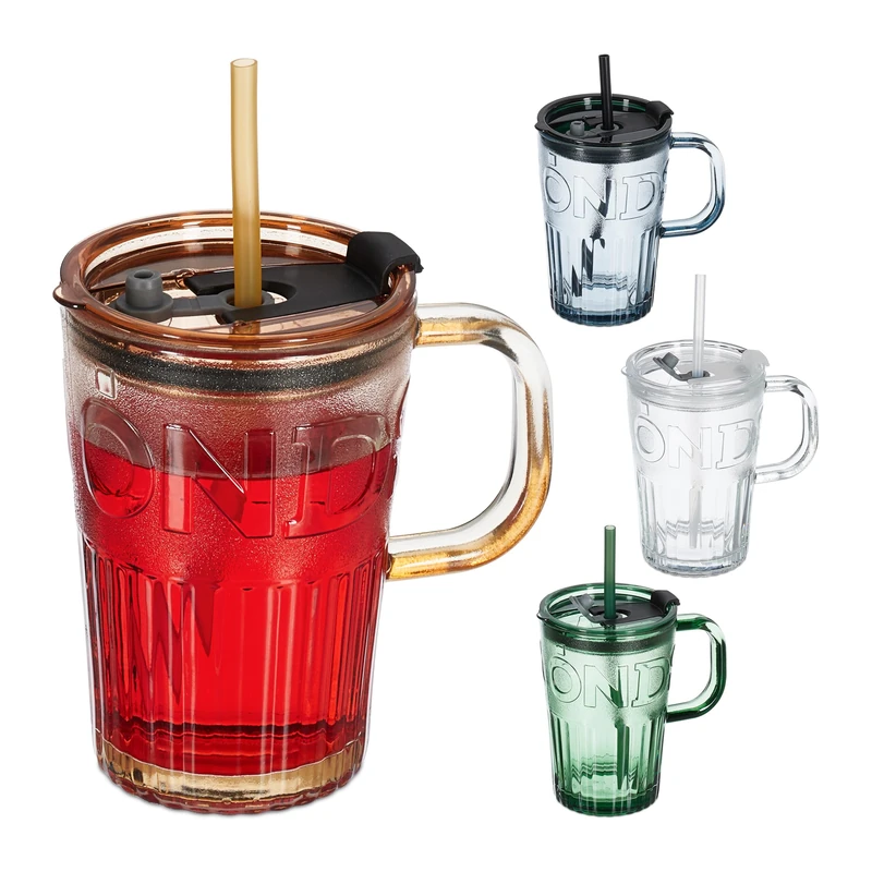 Relaxdays Set of 4 Glass Cups, Drinking Glasses with Lid & Straw & Handle, Vol. 450 ml, 4 Colours, Transparent