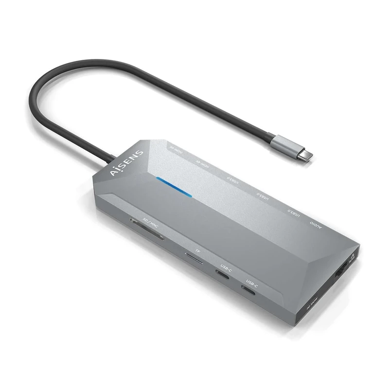AISENS - ASUC-12P005-GR - USB-C Dock 12-in-1, USB-C A 2xHDMI, 1xRJ45, 3xUSB-A, 2xUSB-C, 1xUSB-C PD, 1xAudio, 1xSD, 1xMicro SD, Grey, 30cm
