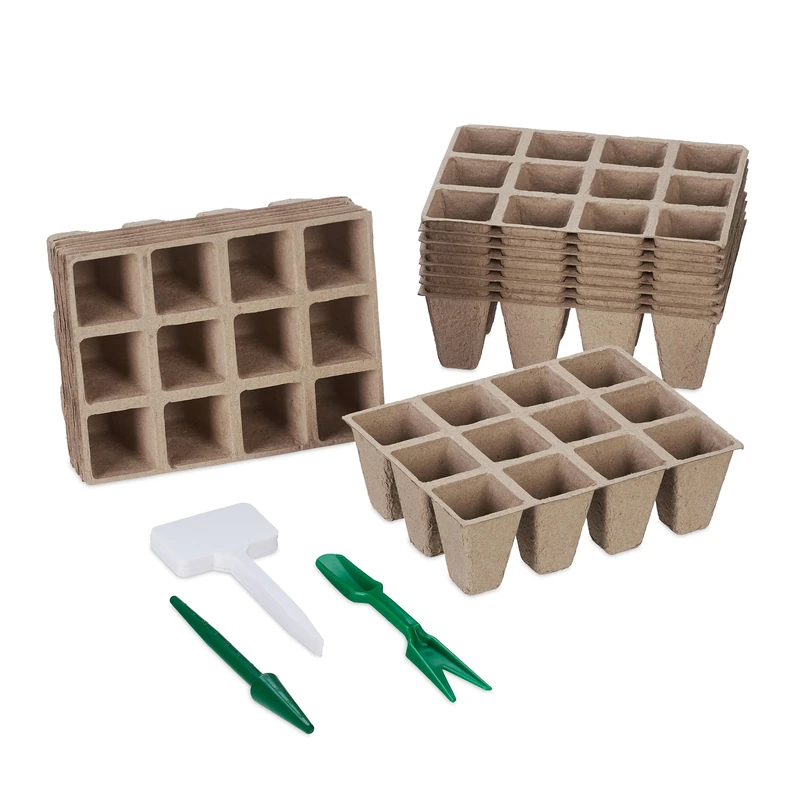 Relaxdays Set of 200 Growing Pots, Incl. Accessories, Biodegradable, Planting, Propagation, HWD: 5 x 3.5 x 3.5 cm, Brown, Paper, 5.5 x 3.5 x 3.5 cm