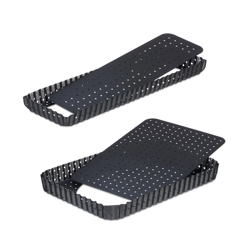 Relaxdays Tart Tin, Set of 2, with Lifting Base & Holes, 2 Sizes, Non-stick Coated, Rectangular Quiche Form, Anthracite, Steel, 3 x 31 x 21 cm