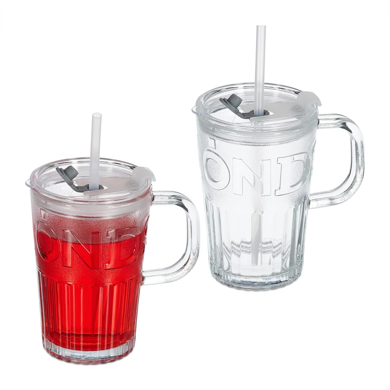 Relaxdays Set of 2 Glass Cups, Drinking Glasses with Lid & Straw & Handle, Vol. 450 ml, Transparent - Image 1