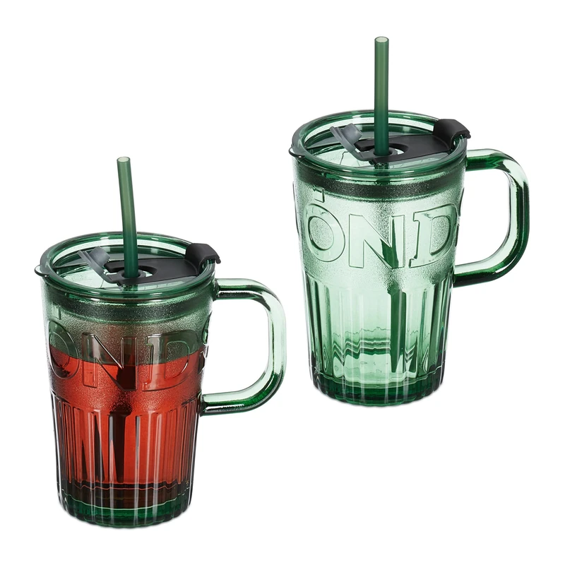 Relaxdays Set of 2 Cups, Drinking Glasses with Lid & Straw & Handle, Vol. 450 ml, Green, 13 x 13 x 8.5 cm