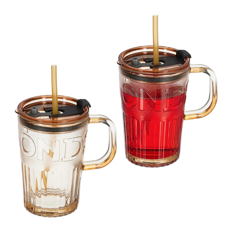 Relaxdays Set of 2 Cups, Drinking Glasses with Lid & Straw & Handle, Vol. 450 ml, Light Brown, 13 x 13 x 8.5 cm