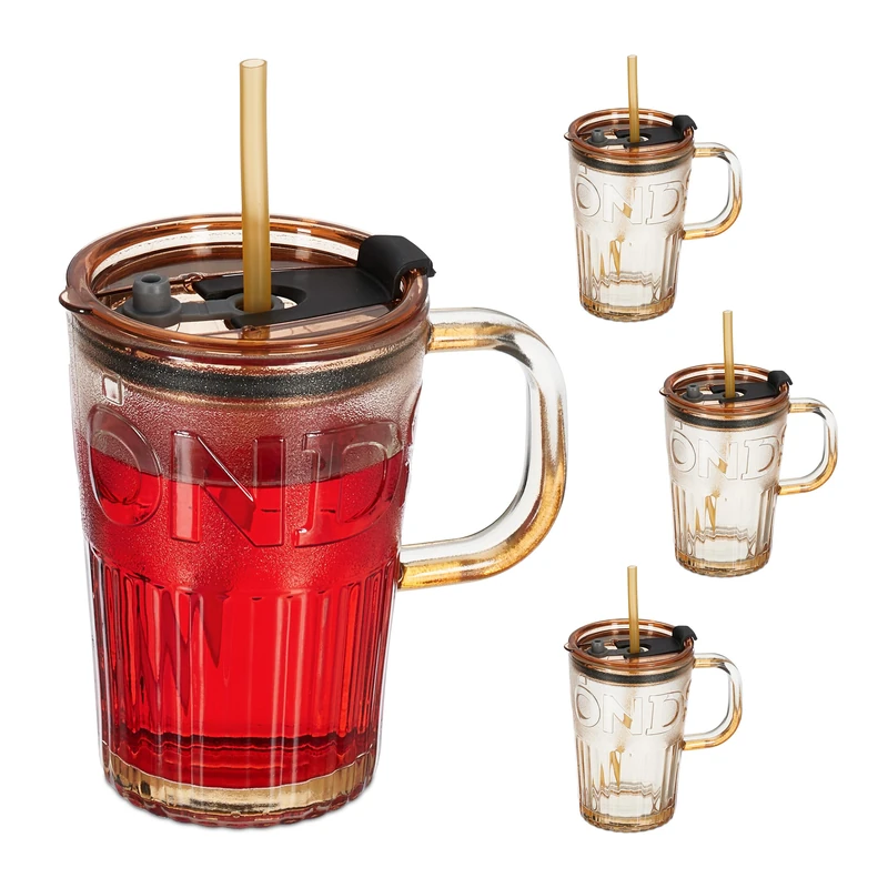 Relaxdays Set of 4 Cups, Drinking Glasses with Lid & Straw & Handle, Vol. 450 ml, Light Brown, Transparent, 13 x 13 x 8.5 cm