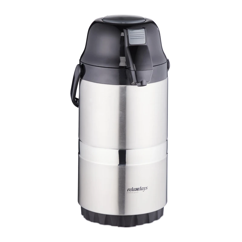 Relaxdays Jug 2.2 l, for Coffee, Pump Head, Push Button, Office, Gastronomy, Stainless Steel, Plastic, Silver/Black, 38 x 18 x 21 cm