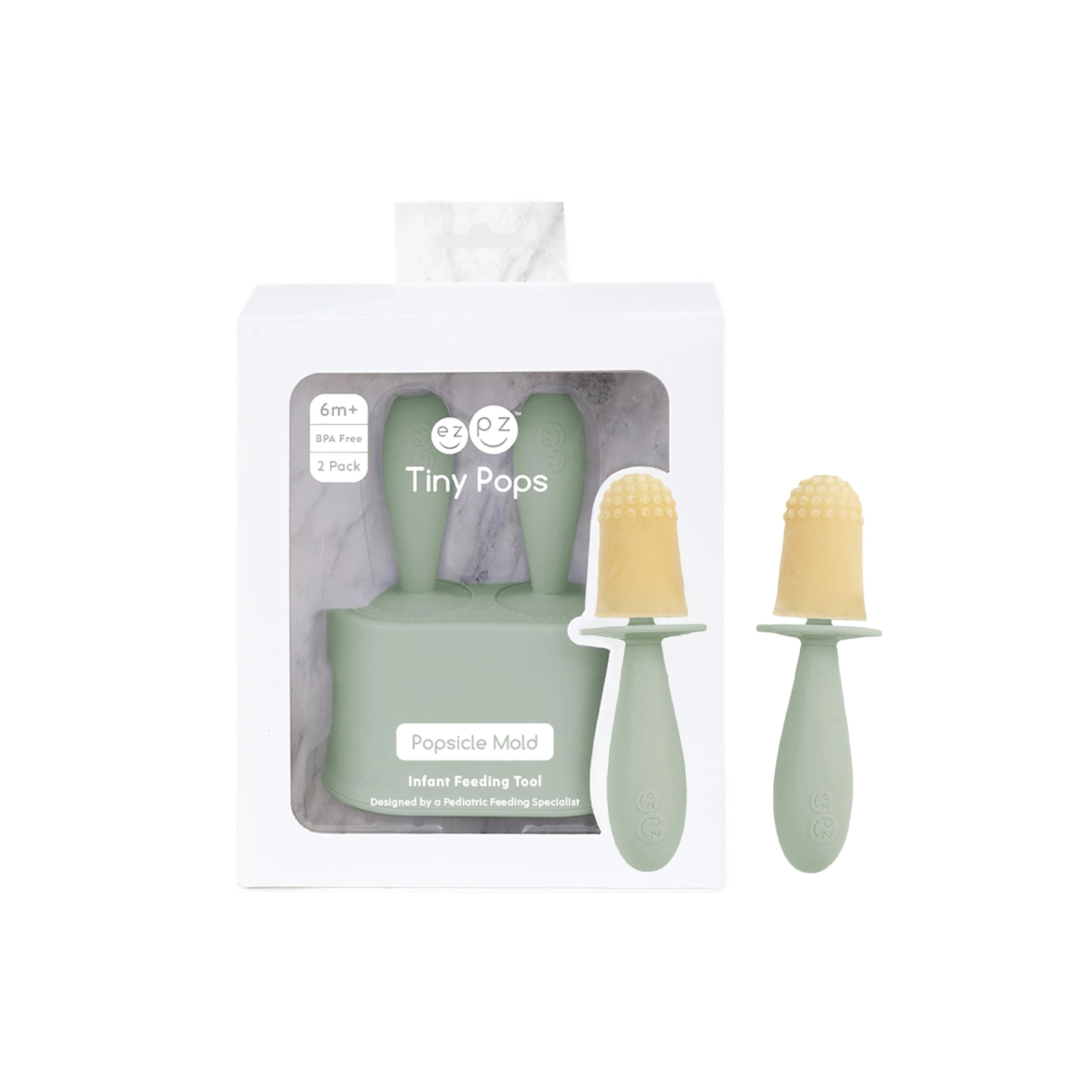 ezpz Tiny Pops (2-Pack) - Silicone Popsicle Ice Lolly Mold for Infants - Easy for Baby’s Grasp - Dishwasher Safe - 4 Months+ (Sage)