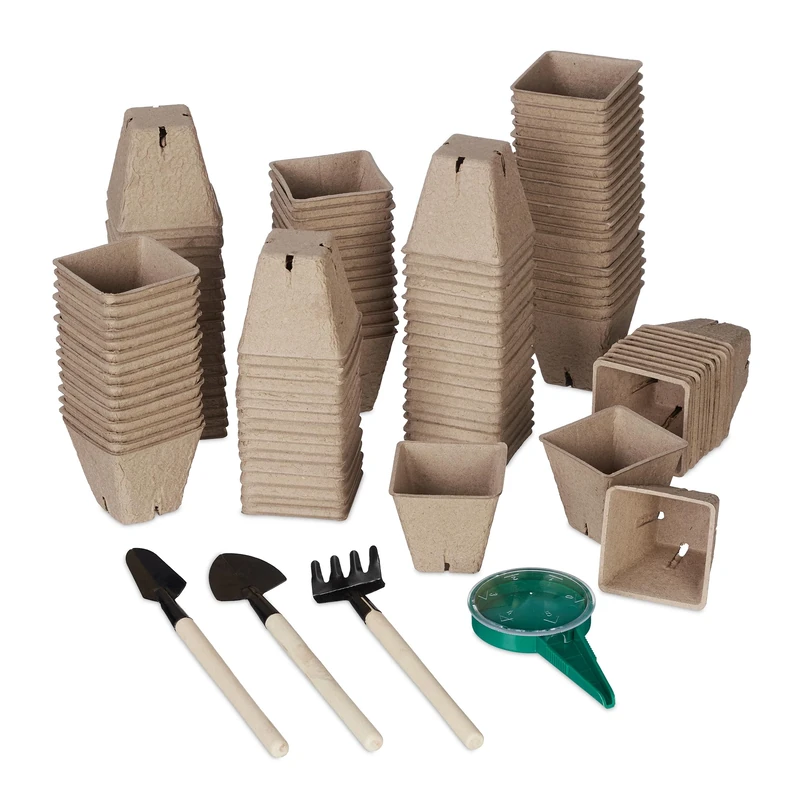 Relaxdays Set of 120 Growing Pots, Incl. Accessories, Biodegradable, Planting, Propagation, HWD: 5.5 x 6 x 6 cm, Brown, Paper