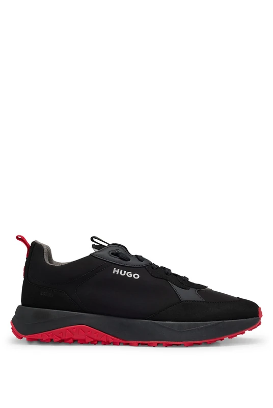 HUGO Mens Kane Runn Mixed-Material Trainers with Rubberised Synthetic Coated Fabric Size 12 Black
