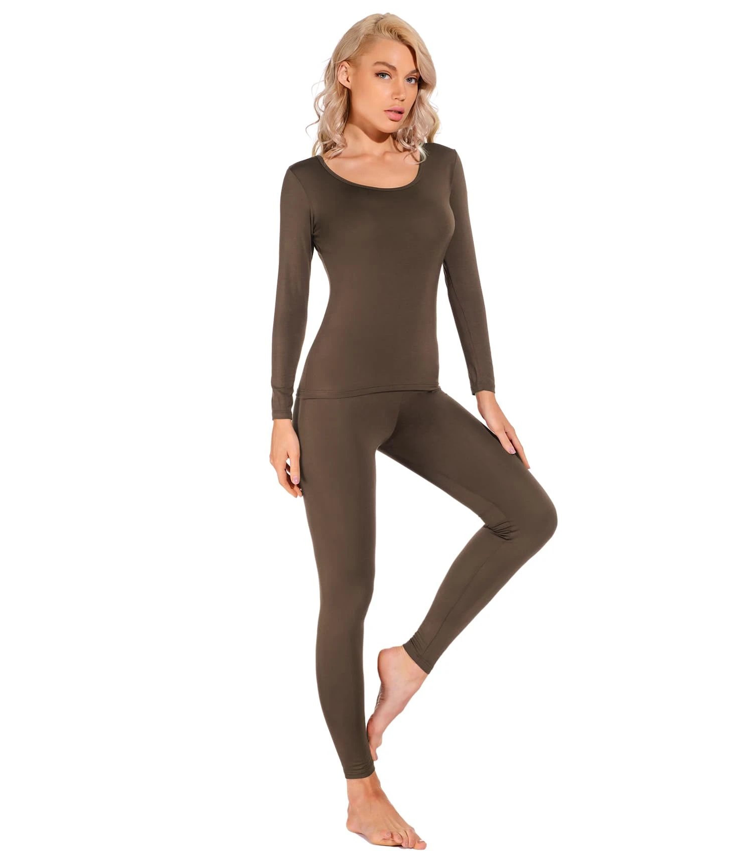 Liang Rou Women's Scoop Neck Top & Bottom Ultra Thin Thermal Underwear Set Coffee Brown Small