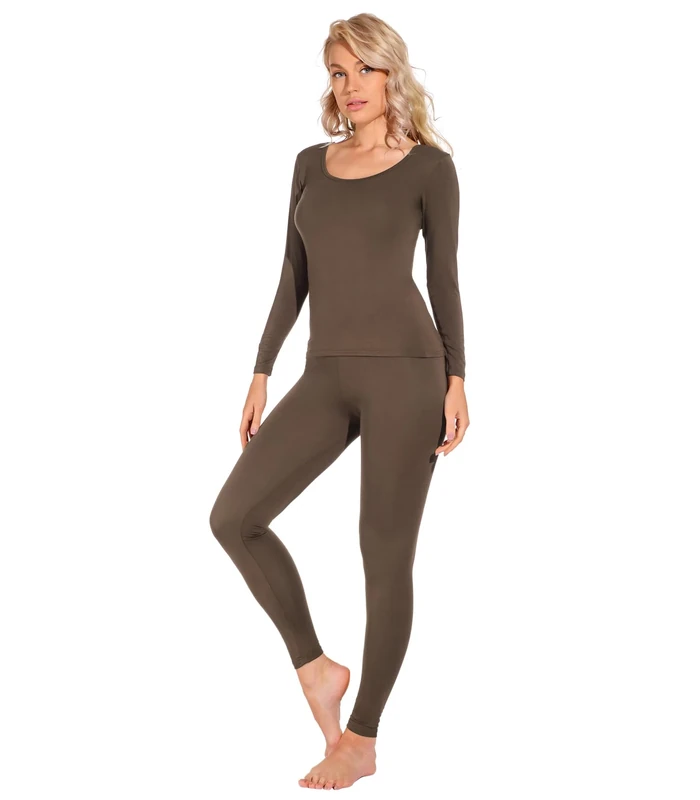Liang Rou Women's Crew Neck Top & Bottom Ultra Thin Thermal Underwear Set Coffee Brown Large