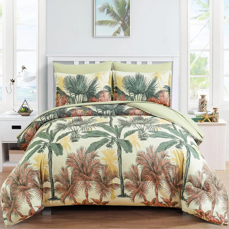 WONGS BEDDING Botanical Comforter Set Queen, 7 Pieces Green Palm Tree Bed in a Bag, Reversiable Soft Microfiber Coastal Beach Bedding with Comforter, Flat Sheet, Fitted Sheet, Pillow Shams Pillowcases