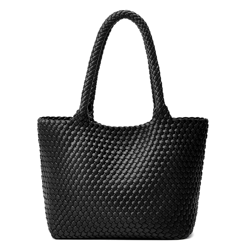 BOYATU Woven Tote Bag Womens Purse: Vegan Leather Shoulder Handbags - Fashion Summer Beach Tote Bags - Large Travel Totes, Black, L