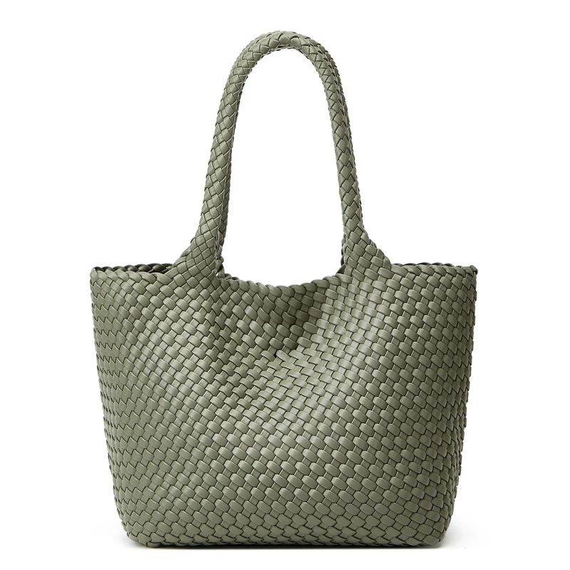 BOYATU Woven Tote Womens Shoulder Bag: Large Travel Purse - Fashion Summer Beach Tote - Vegan Leather Handmade Bag - Work Satchel, Green, L