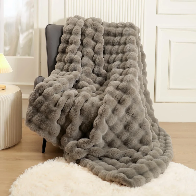 Super Comfort Oversized Warm Thick Bubble Double Sided Plush Rabbit Faux Fur Throw Blanket, Fluffy Blanket,Soft Cozy Blanket for Couch Chair Bed Sofa Living Room,Grey 50'' x 60''