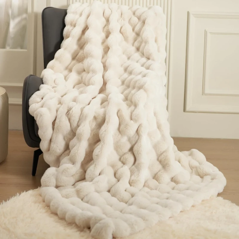Super Comfort Oversized Warm Thick Bubble Double Sided Plush Rabbit Faux Fur Throw Blanket, Fluffy Blanket,Soft Cozy Blanket for Couch Chair Bed Sofa Living Room,White50'' x 60''