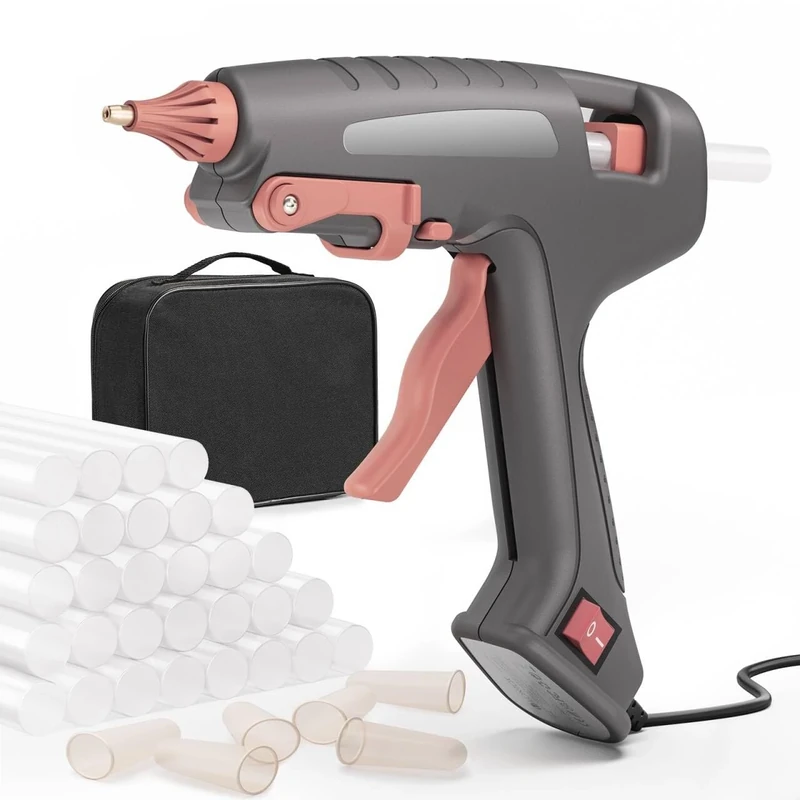 Glue Gun, 100W Industrial Hot Glue Gun, 60s Fast Heat Up Hot Melt Glue Gun, On/Off Function, Glue Guns with 30 x 11mm Glue Sticks & Case, Glue Gun for Crafting, DIY, Home & Office Repair (grey orange)
