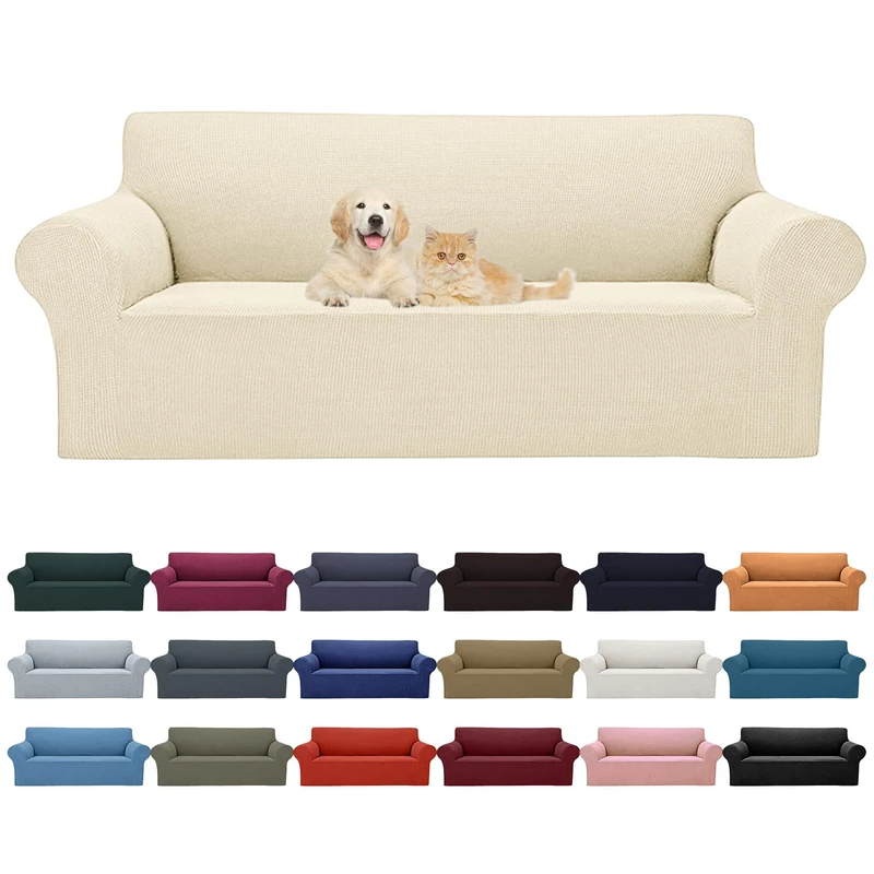 2025 New Stretch Sofa Slipcovers Couch Cover for 3 Cushion Furniture Protector Sofa Covers with Elastic Bottom Jacquard Fabric Small Checks for Pets, Kids -Sofa, Beige
