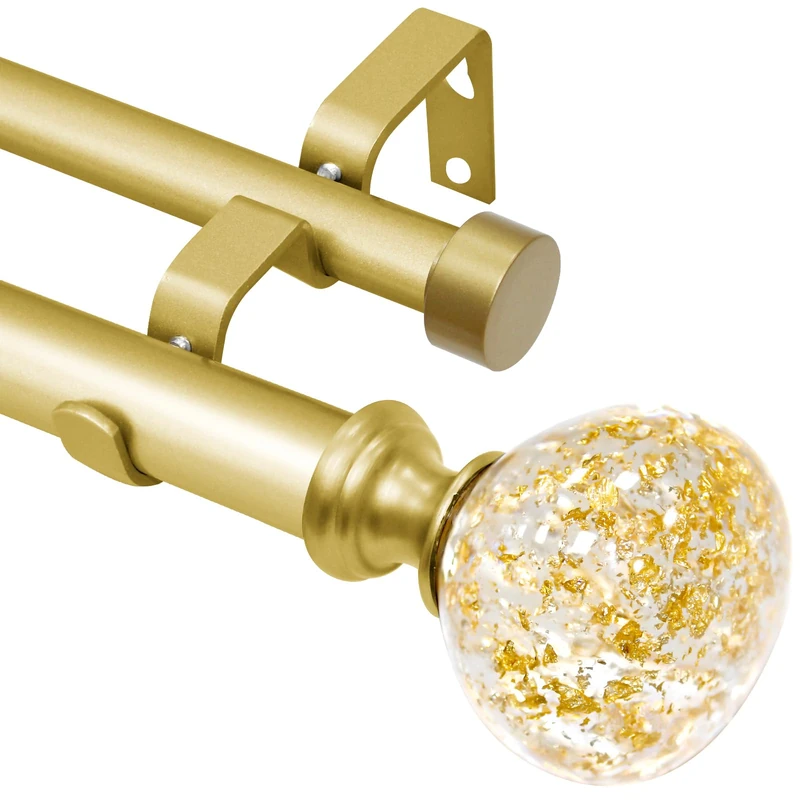 Gold Double Curtain Rod for Windows 48 to 84 Inch: Double Window Treatment Curtain Rod Heavy Duty Adjustable from 48 to 84 Inch - Gold Foil Resin Finials and Double Curtain Rod