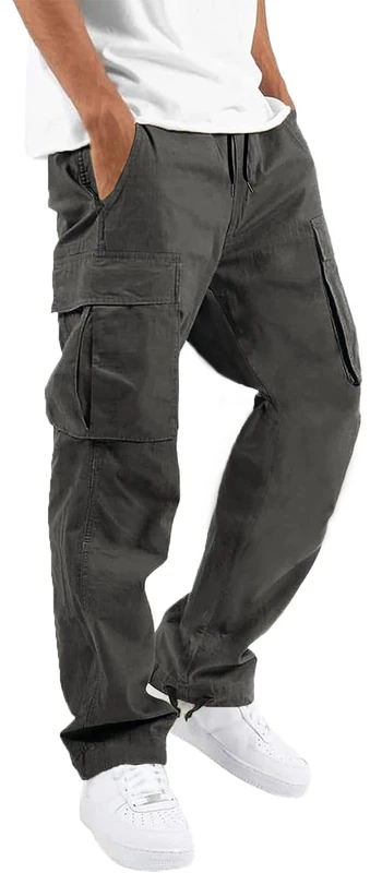 HUNGSON Mens Cargo Pants Casual Hiking Pants Joggers Athletic Pants Cotton Loose Straight Sweatpants for Men, Dark Grey, 34 - Image 1