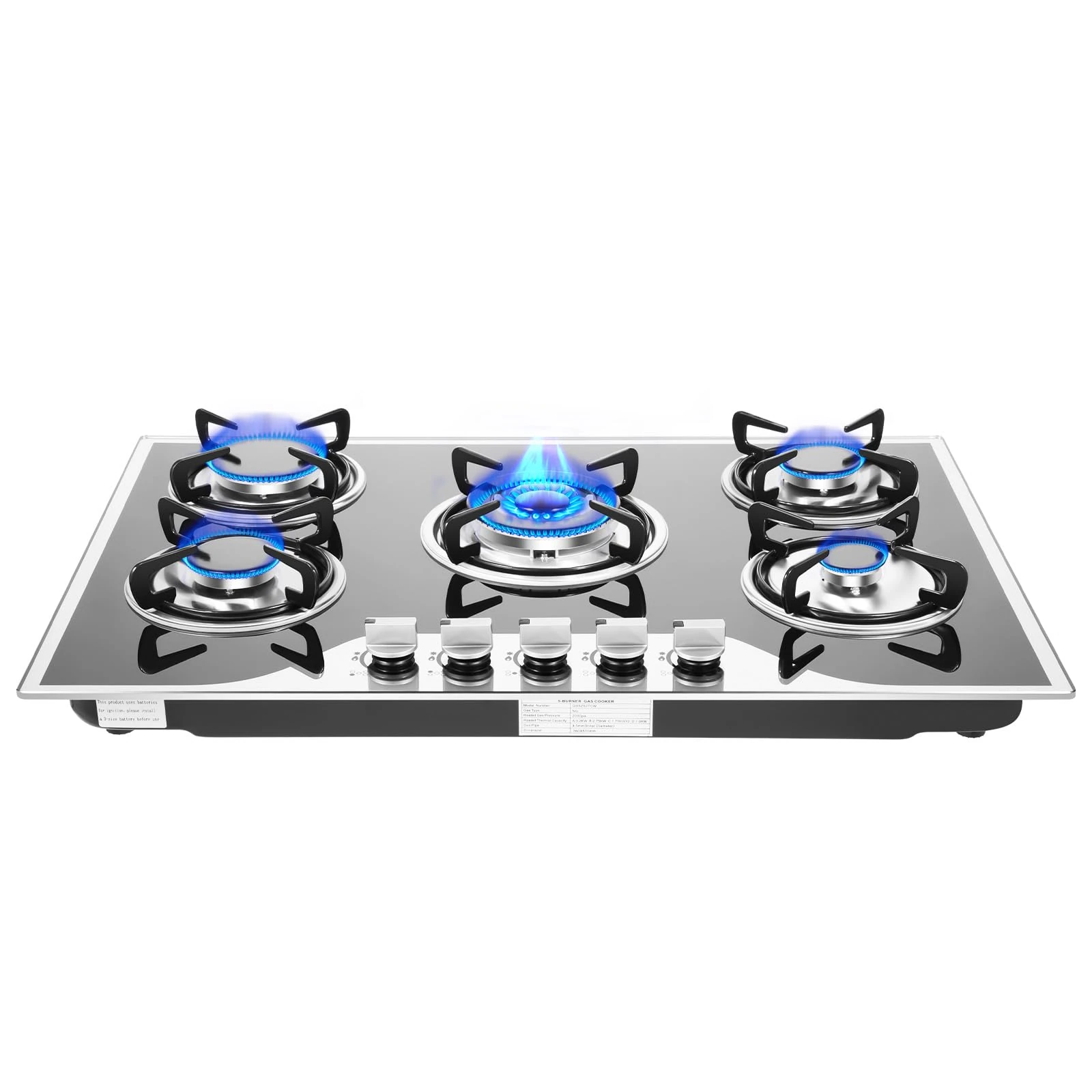 SuhoFutus Gas Hob 5 Burner, LPG/NG Gas COOKTOP Built Burner Stove, with 7mm Cooktop Tempered Glass, Automatic Ignition, Black, 77.5 × 51 × 6.5 cm