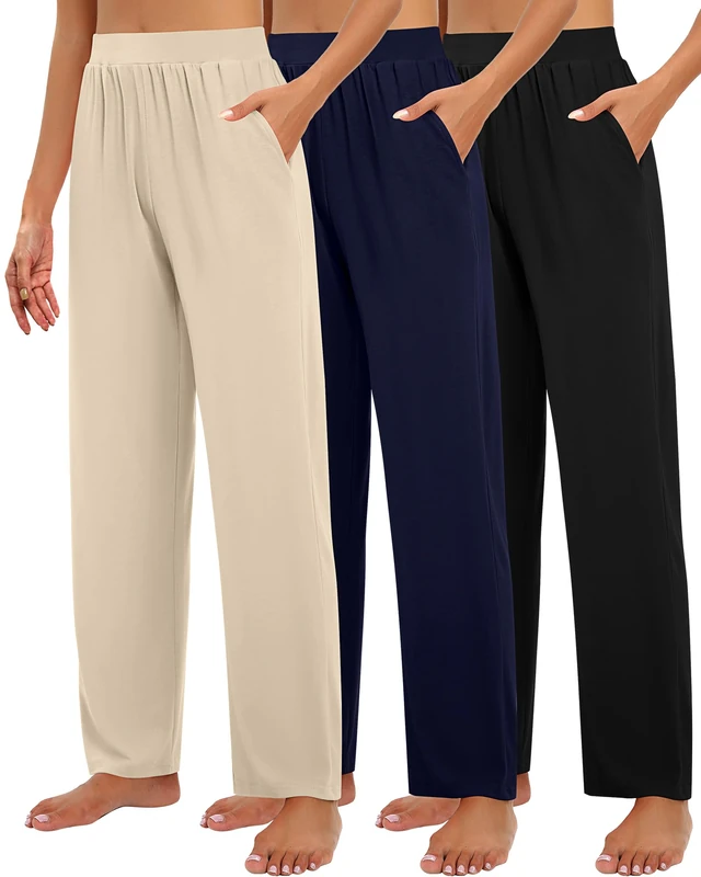 Huukeay 3 Pack Women's Lounge Pants, Cozy Wide Leg Lounge Slacks with Pockets Loose Flowy Yoga Sweatpant Workout Comfy Jogger, Black, Navy Blue, Apricot, XL