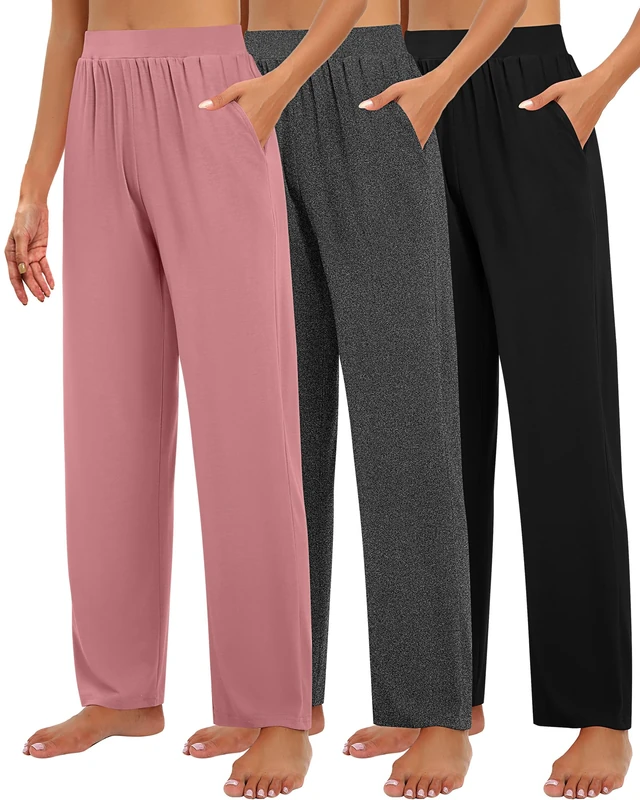 Huukeay 3 Pack Women's Lounge Pants, Cozy Wide Leg Lounge Slacks with Pockets Loose Flowy Yoga Sweatpant Workout Comfy Jogger, Black, Dark Gray, Brick Red, XL
