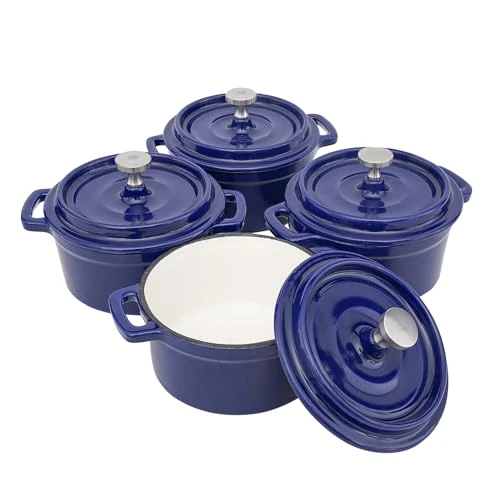 Flavehc Mini Cocotte 8 oz Mini Dutch Oven 0.25 qt. Cast Iron Garlic Roaster for Oven Garlic Confit Pot Ramekins with Lids Oven Safe Set of 4, Blue