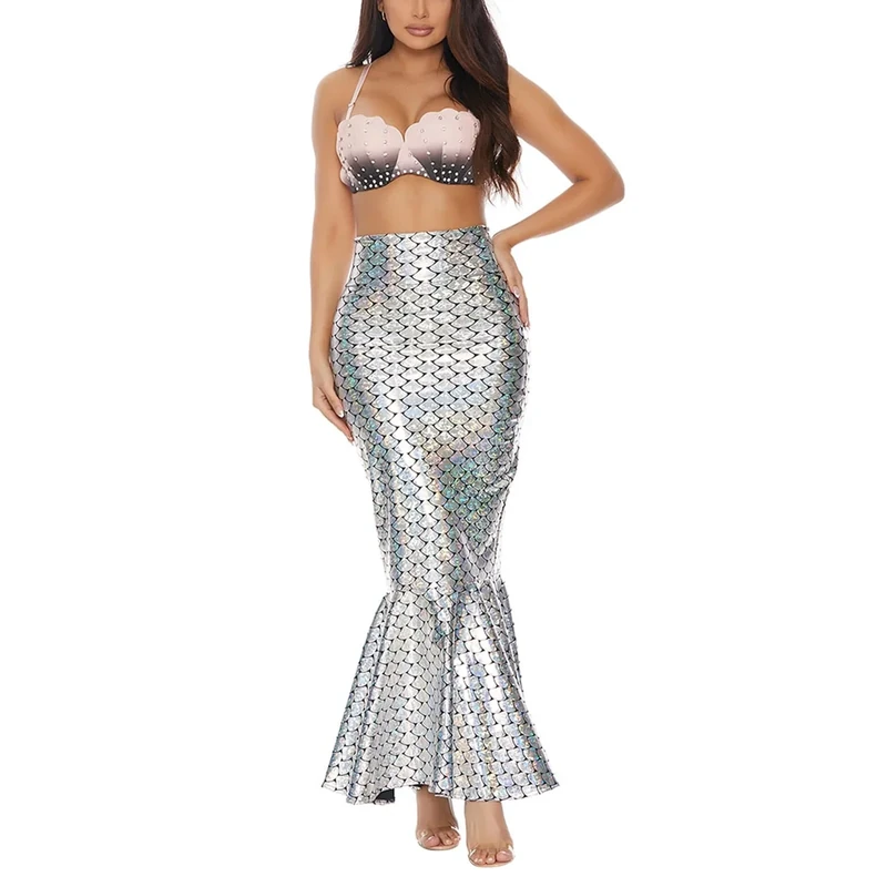 Edhomenn Mermaid Costume for Women Halloween Cosplay High Waist Long Mermaid Tail Skirts Adult Role Play Party Costumes (06 Silver, M)