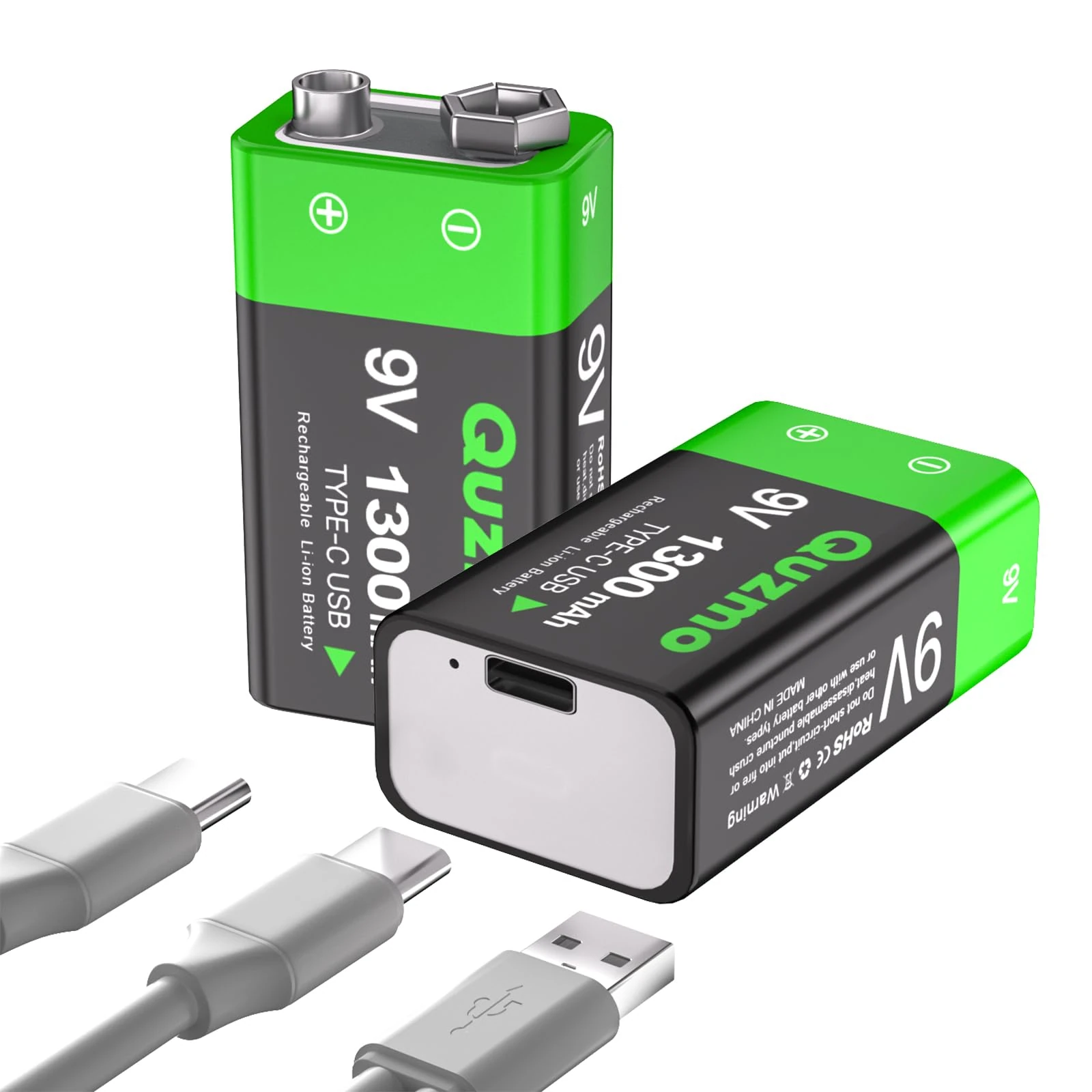 USB Rechargeable 9V Lithium Batteries, 1300mAh High Capacity Rechargeable 9 Volt Square Batteries with 2 in 1 USB-C Fast Charging Cable (2 Pack)