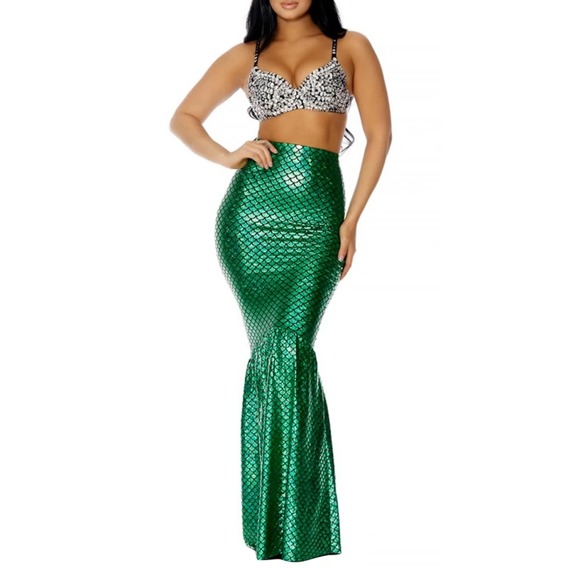 Edhomenn Mermaid Costume for Women Halloween Cosplay High Waist Long Mermaid Tail Skirts Adult Role Play Party Costumes (05 Green, M)