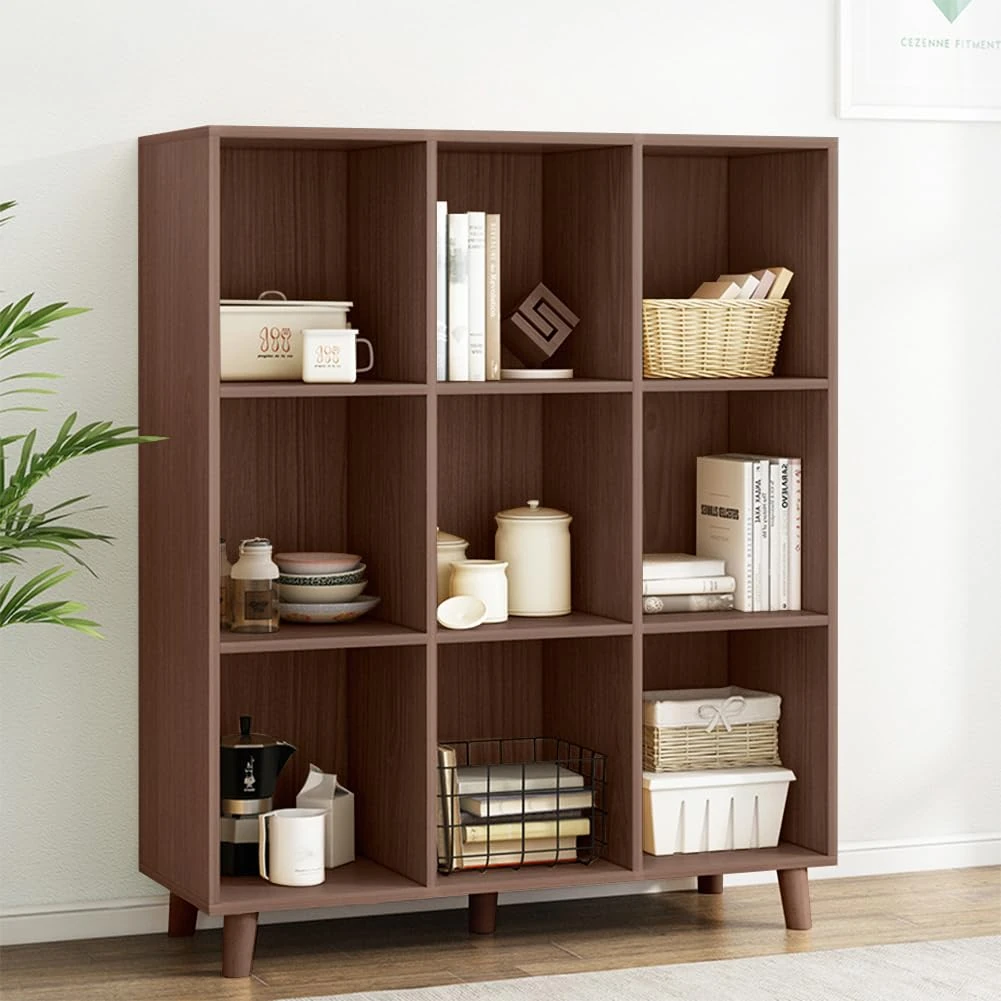 IOTXY Open Cube Low Bookcase - 3-Tier Freestanding Storage Display Cabinet Organizer with Legs for Home Office, 9-Cubes Open Shelf Short Bookshelf, Walnut
