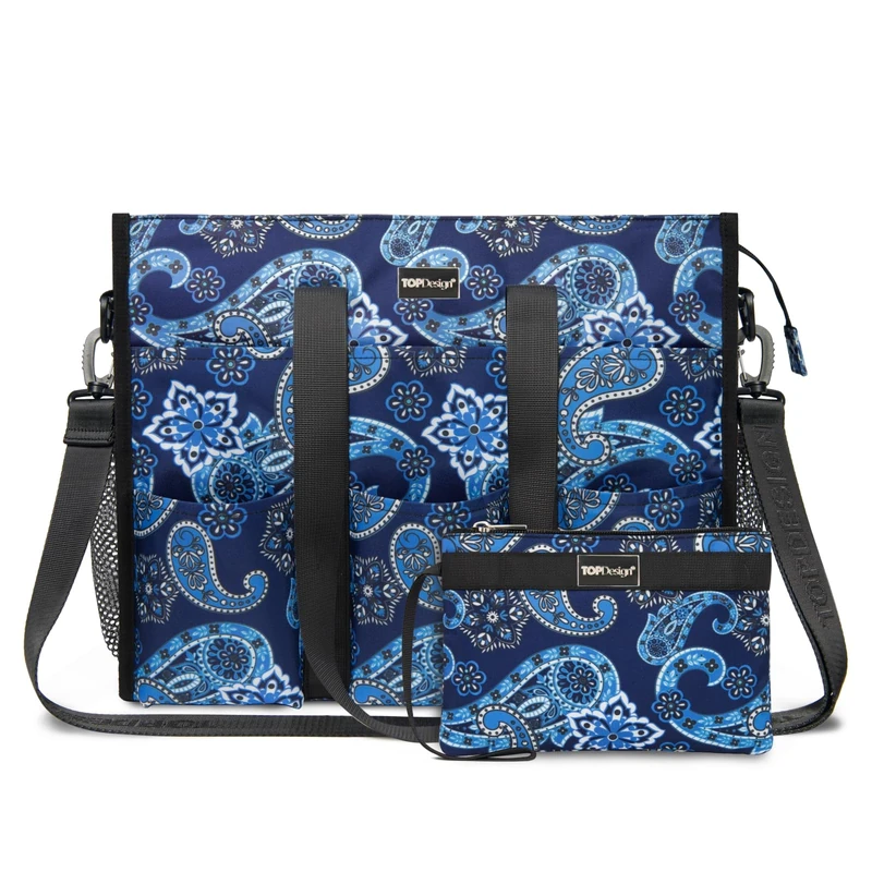 TOPDesign Utility Water Resistant Tote Bag with 22 Exterior & Interior Pockets, Top Zipper Closure & Thick Bottom Support, Blue Bandanna, One Size