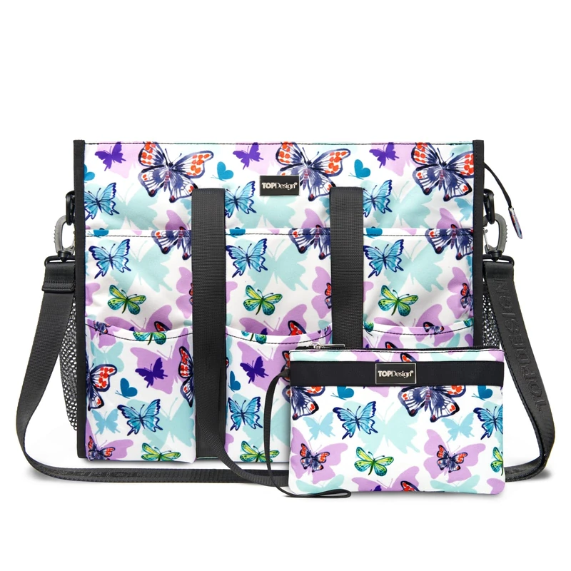 TOPDesign Utility Water Resistant Tote Bag with 22 Exterior & Interior Pockets, Top Zipper Closure & Thick Bottom Support, Butterfly, One Size